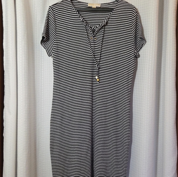 Michael Michael Kors Women’s Size L Black White Striped Cotton Blend Midi Dress - Picture 1 of 7